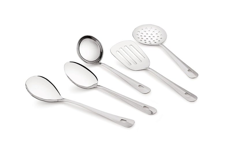 TIARA Lara 5pc Set Serving Cooking Spoon 12 mm Thickness Stainless Steel ladle Rice Spoon Skimmer Round Spoon Basting Spoon 5 Pc Serving Set - Image 1