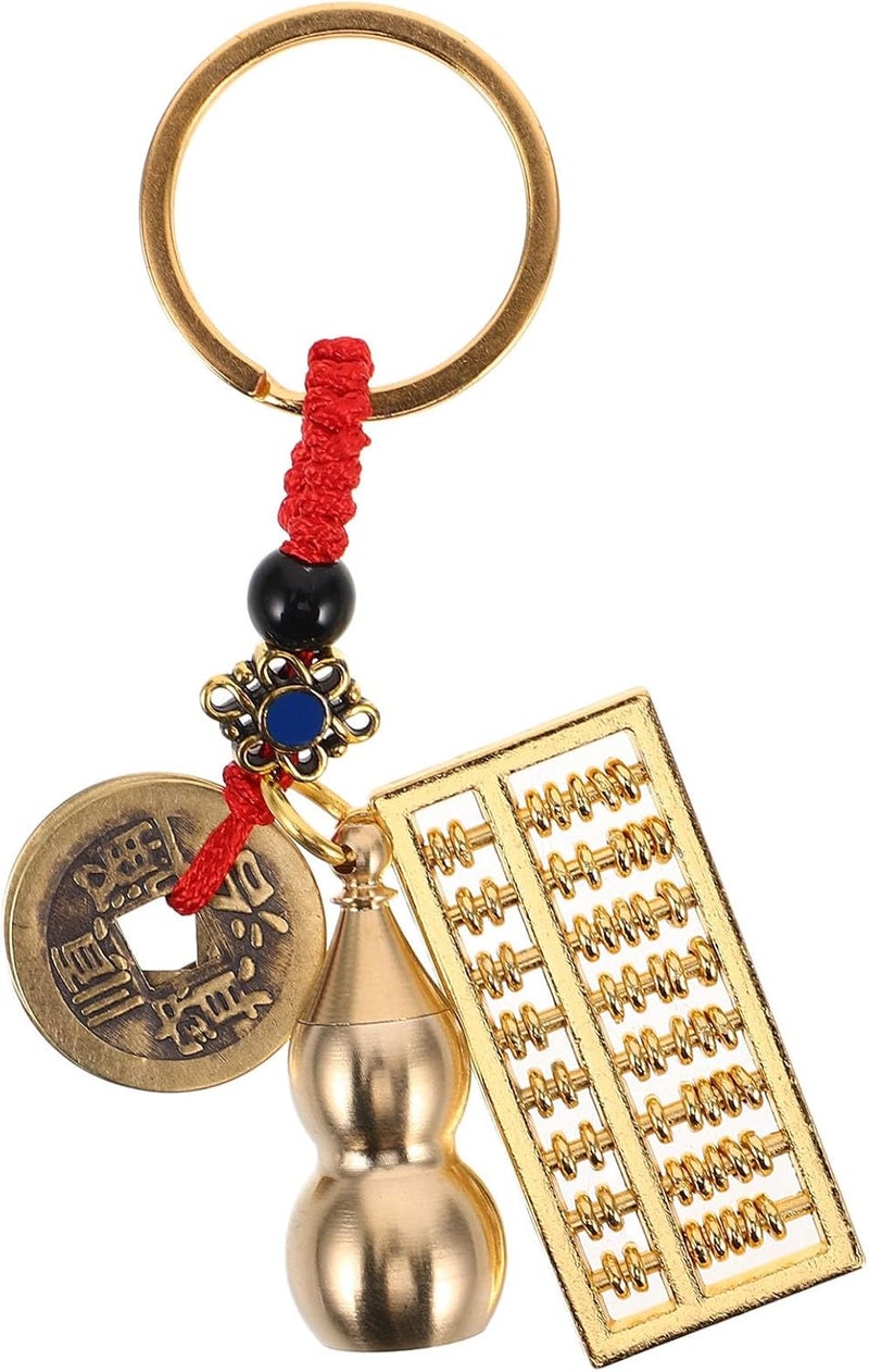 Feng Shui Abacus and Gourd Keychain with Red Cord, Mini Car Key Holder and Lucky Charm for Longevity and Success, Traditional Chinese Keyring Accessory for Automotive Interior - Image 1