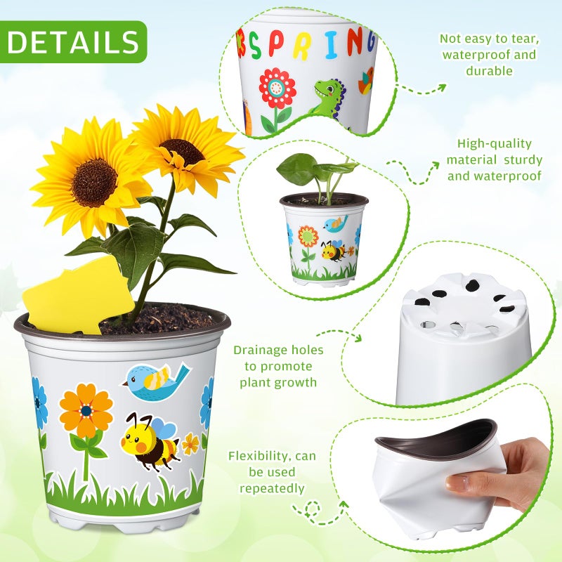 Capoda 24 Sets Garden Flower Pots Crafts Kit DIY Spring Plastic Seedling Nursery Pots with Stickers Plant Labels Growth Charts Planting Growing Tools Classroom Activities Project Gifts (Round) - Image 3