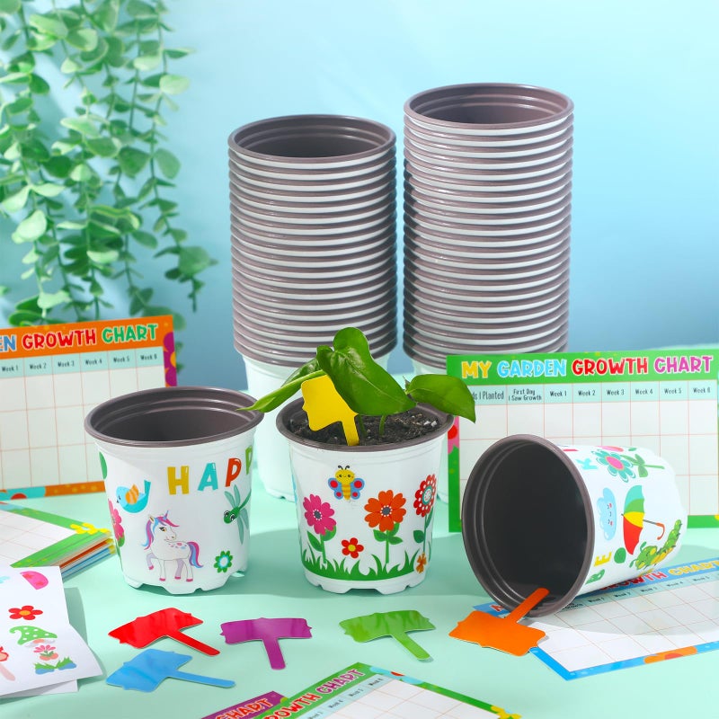 Capoda 24 Sets Garden Flower Pots Crafts Kit DIY Spring Plastic Seedling Nursery Pots with Stickers Plant Labels Growth Charts Planting Growing Tools Classroom Activities Project Gifts (Round) - Image 4