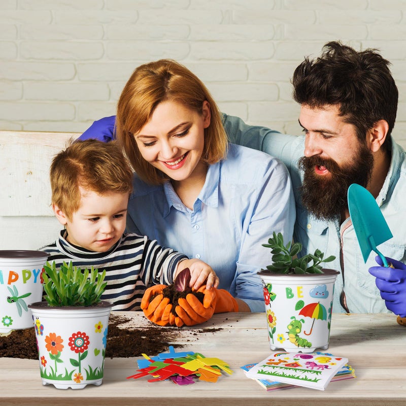 Capoda 24 Sets Garden Flower Pots Crafts Kit DIY Spring Plastic Seedling Nursery Pots with Stickers Plant Labels Growth Charts Planting Growing Tools Classroom Activities Project Gifts (Round) - Image 5