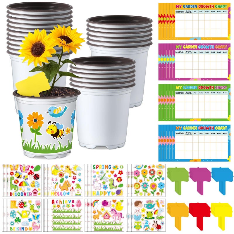 Capoda 24 Sets Garden Flower Pots Crafts Kit DIY Spring Plastic Seedling Nursery Pots with Stickers Plant Labels Growth Charts Planting Growing Tools Classroom Activities Project Gifts (Round) - Image 1