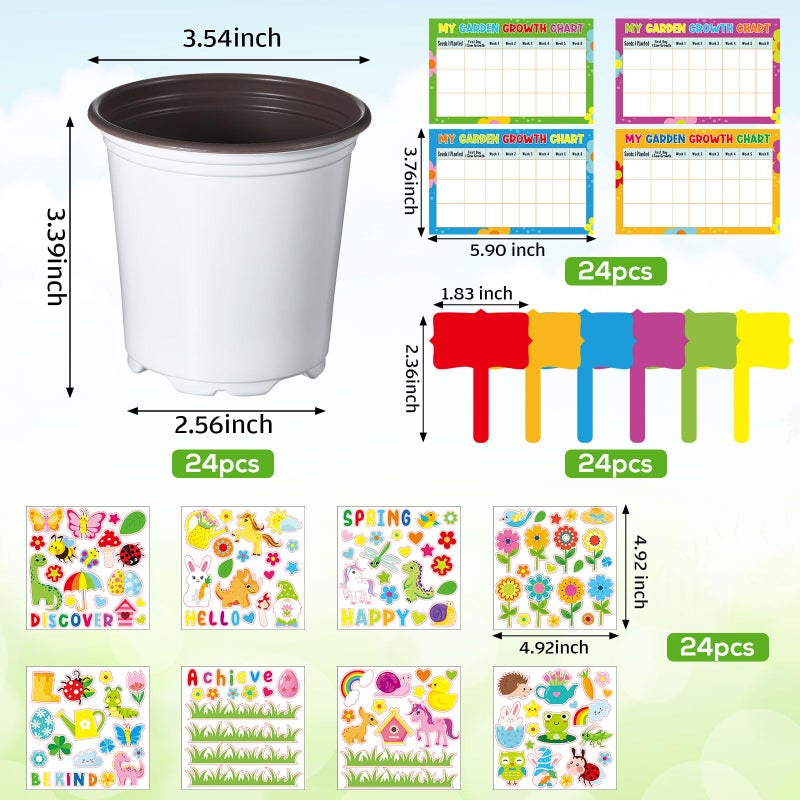 Capoda 24 Sets Garden Flower Pots Crafts Kit DIY Spring Plastic Seedling Nursery Pots with Stickers Plant Labels Growth Charts Planting Growing Tools Classroom Activities Project Gifts (Round) - Image 2