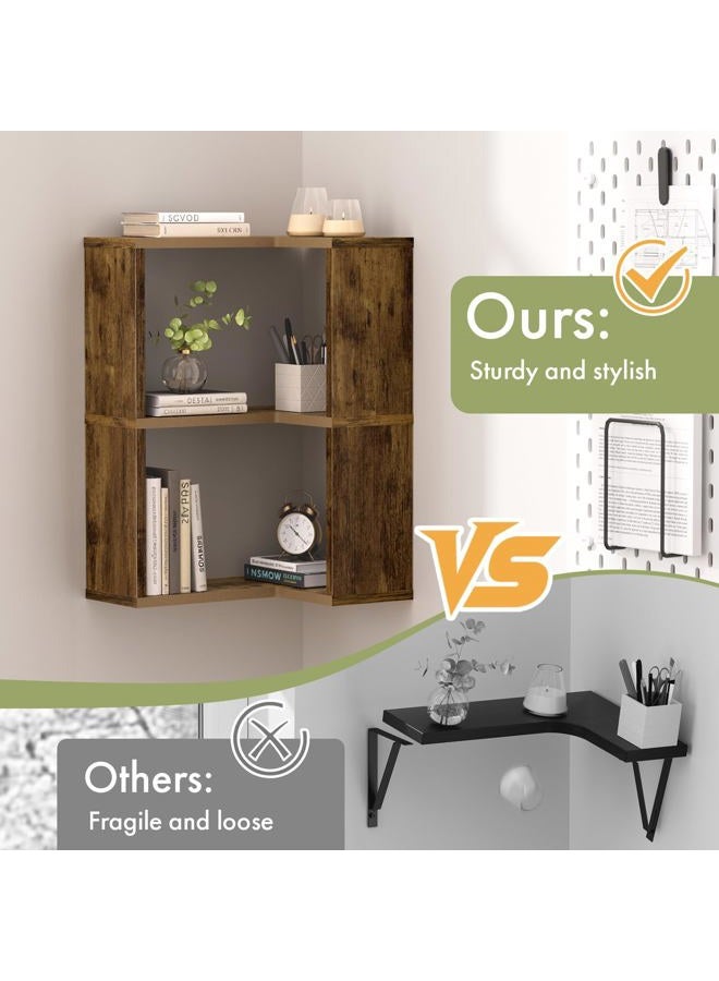 Atoping Corner Shelf Wall Mounted, 3-Tier Wood Corner Floating Shelf for Wall, Floating Book Shelf for Living Room, Bedroom, Bathroom, Home Office, Rustic Brown - Image 5