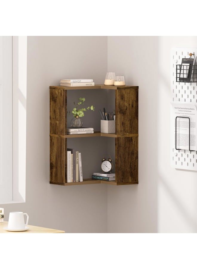 Atoping Corner Shelf Wall Mounted, 3-Tier Wood Corner Floating Shelf for Wall, Floating Book Shelf for Living Room, Bedroom, Bathroom, Home Office, Rustic Brown - Image 1
