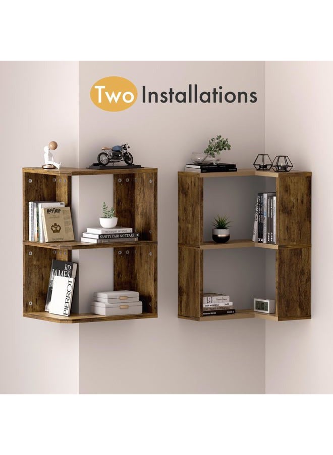 Atoping Corner Shelf Wall Mounted, 3-Tier Wood Corner Floating Shelf for Wall, Floating Book Shelf for Living Room, Bedroom, Bathroom, Home Office, Rustic Brown - Image 4