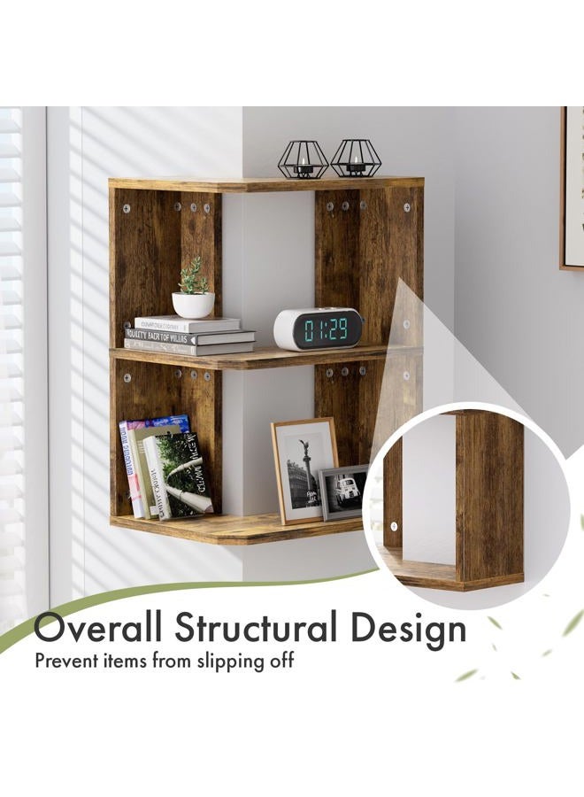 Atoping Corner Shelf Wall Mounted, 3-Tier Wood Corner Floating Shelf for Wall, Floating Book Shelf for Living Room, Bedroom, Bathroom, Home Office, Rustic Brown - Image 3