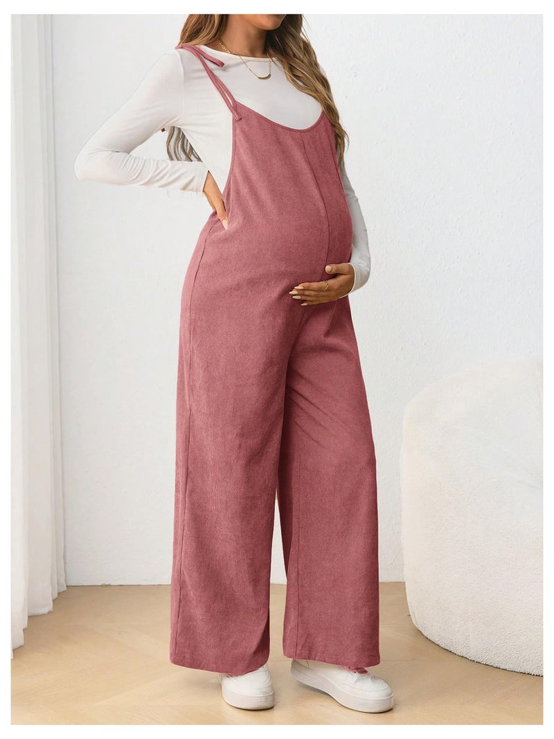 OYOANGLE Women's Maternity Wide Leg Overalls U Neck Spaghetti Strap Pregnancy Jumpsuits Dusty Pink Medium - Image 3