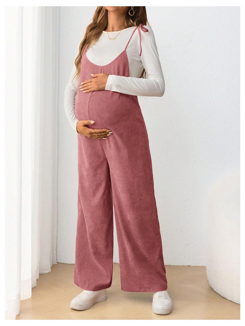 OYOANGLE Women's Maternity Wide Leg Overalls U Neck Spaghetti Strap Pregnancy Jumpsuits Dusty Pink Medium - Image 4