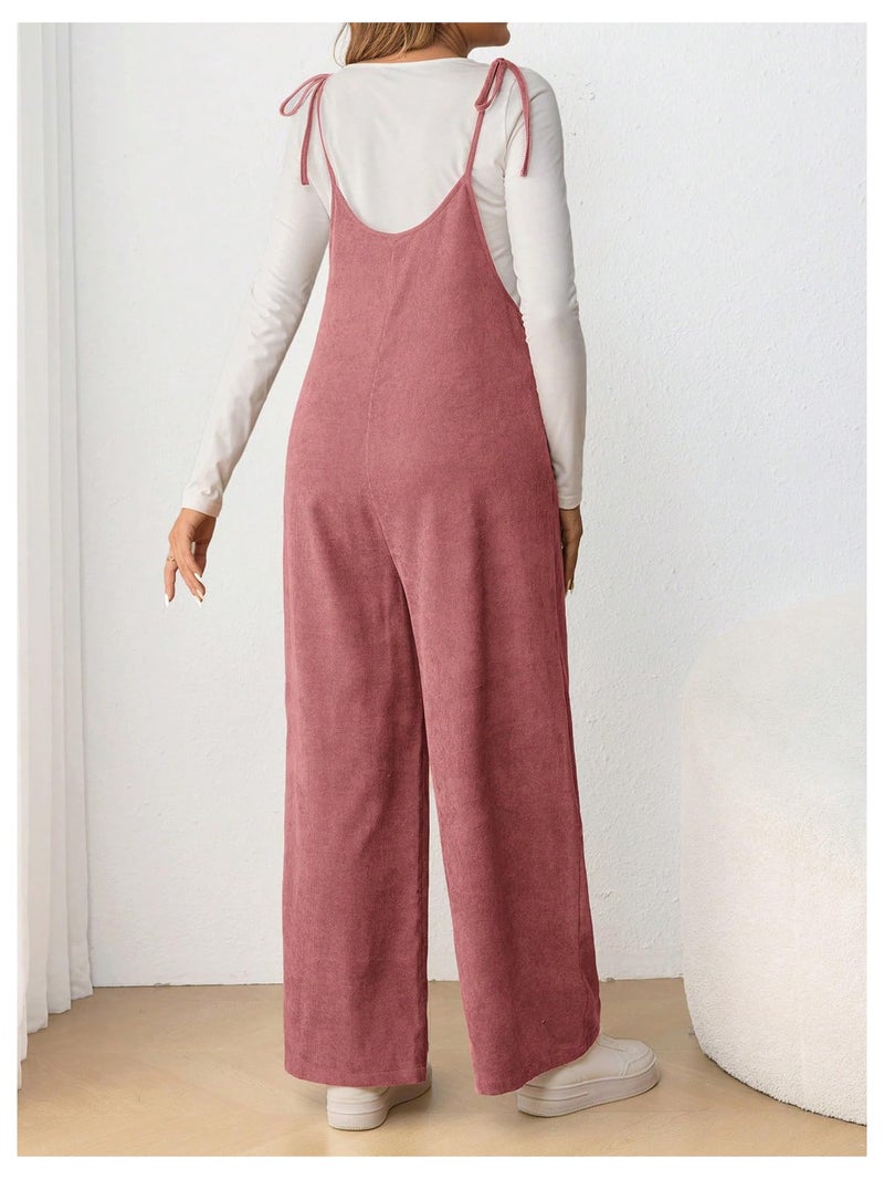 OYOANGLE Women's Maternity Wide Leg Overalls U Neck Spaghetti Strap Pregnancy Jumpsuits Dusty Pink Medium - Image 2