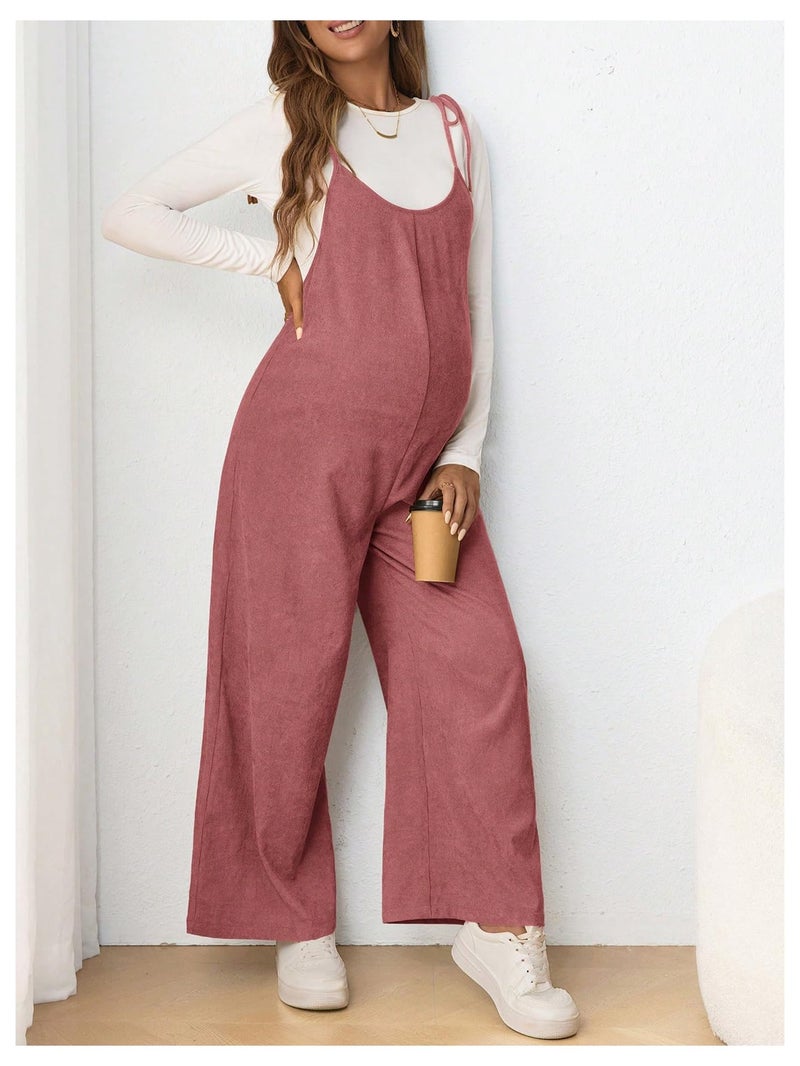 OYOANGLE Women's Maternity Wide Leg Overalls U Neck Spaghetti Strap Pregnancy Jumpsuits Dusty Pink Medium - Image 5