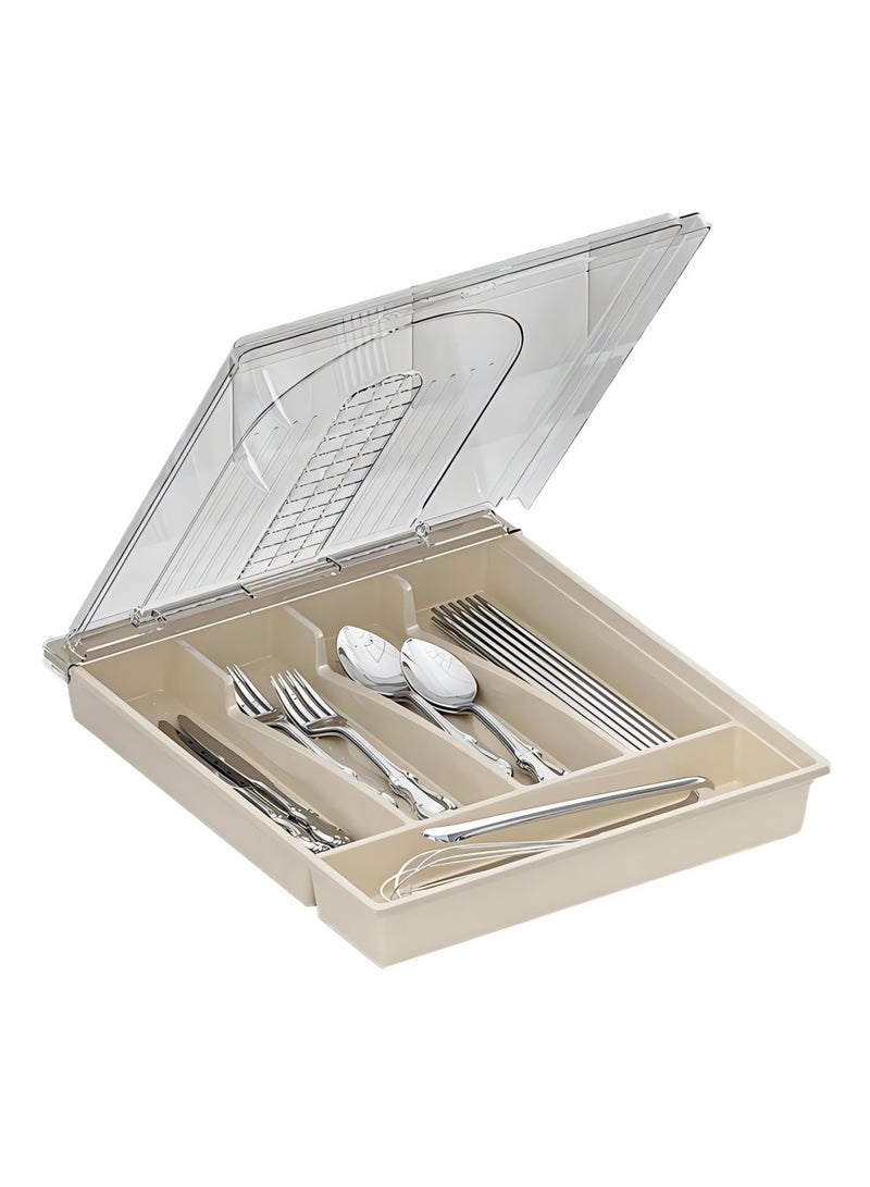 SYOSI Utensil Tray with Lid, 5 Compartments Covered Silverware Organizer Case, Plastic Tray for Drawer for Spoons Forks, Plastic Cutlery and Flatware Storage Box for Kitchen Drawer and Countertop (Beige)  - Image 1