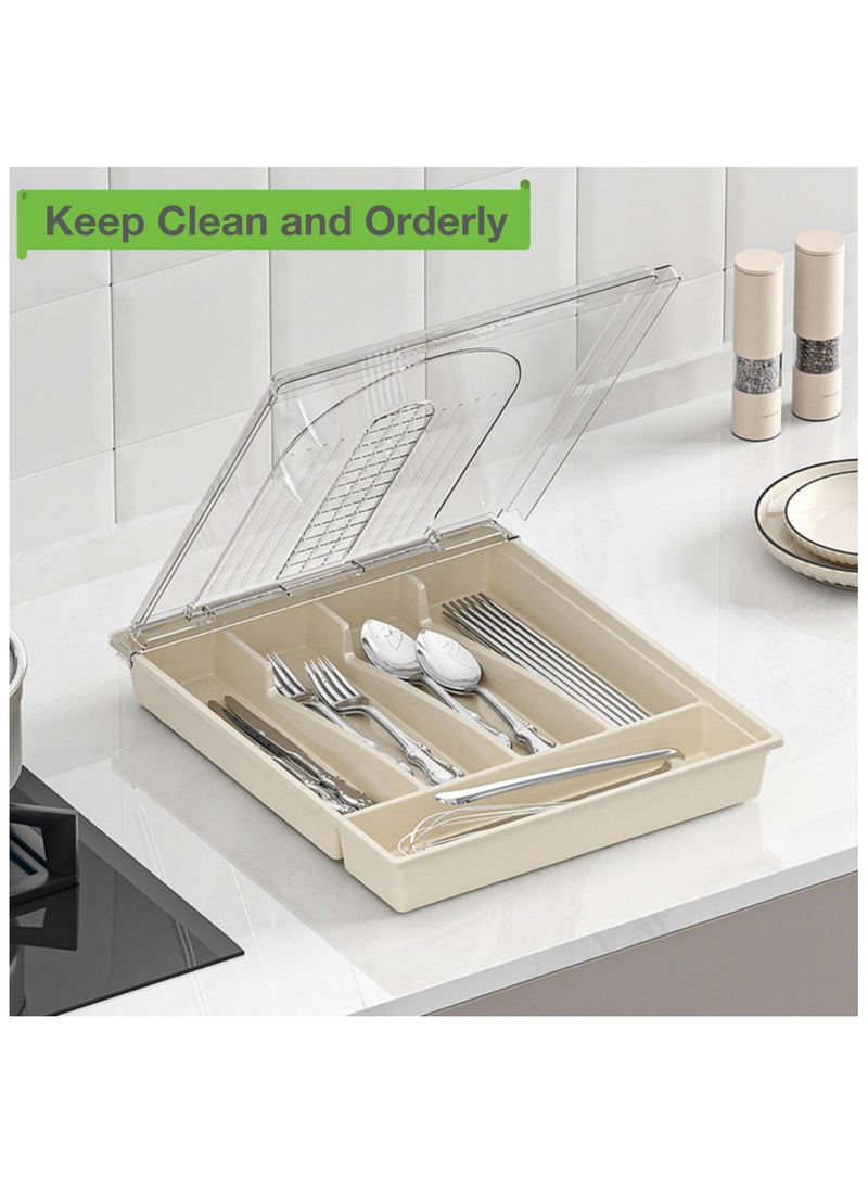 SYOSI Utensil Tray with Lid, 5 Compartments Covered Silverware Organizer Case, Plastic Tray for Drawer for Spoons Forks, Plastic Cutlery and Flatware Storage Box for Kitchen Drawer and Countertop (Beige)  - Image 5