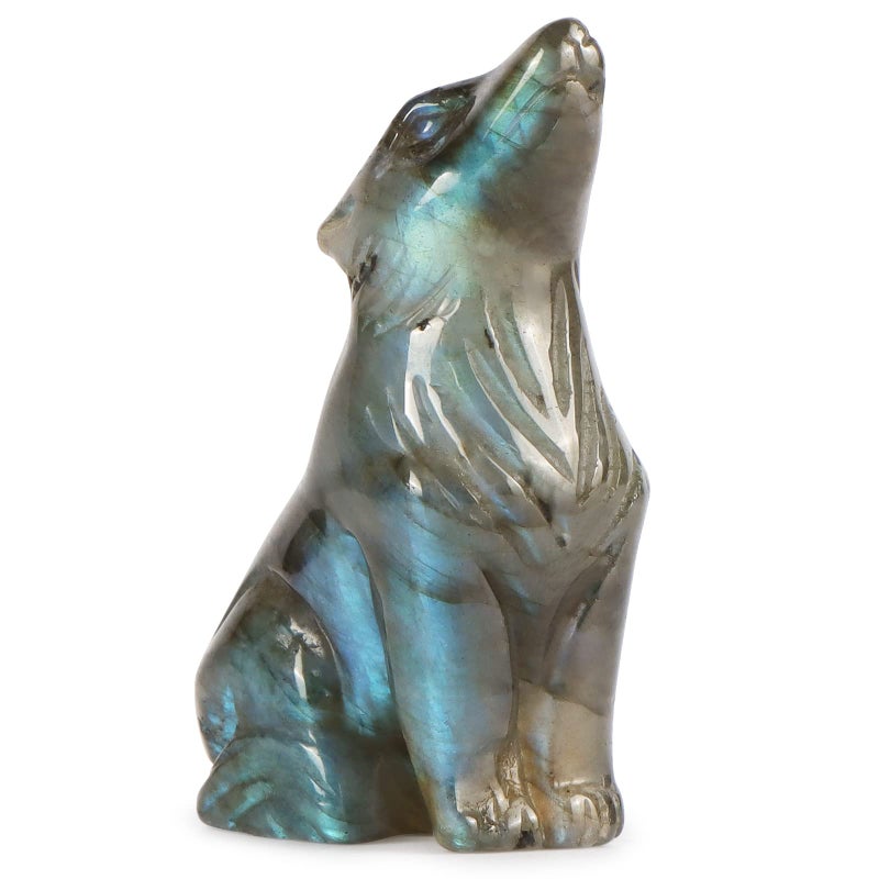 Artistone Labradorite Crystal Wolf Statue 20 inch Hand Carved Gemstone Wolf Figurine Small Animal Carvings Collective Healing Stones for Home Decor Reiki Gifts
