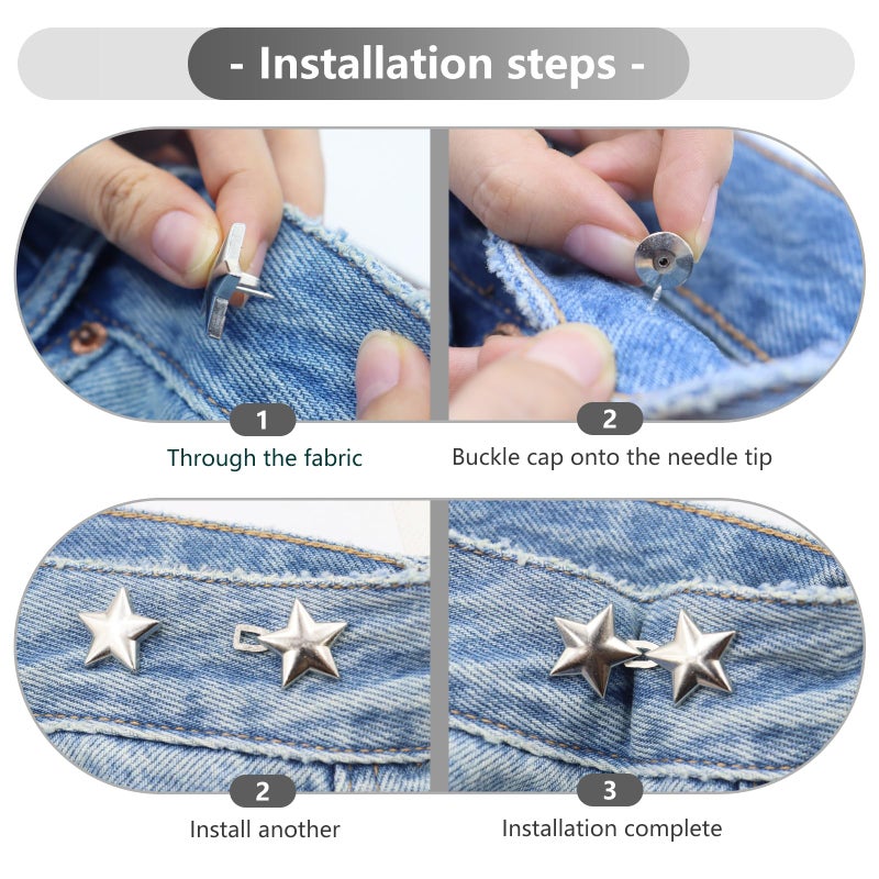 Frutain 8 Set Pant Waist Tightener Star Buttons Pins for Loose Jeans Reusable Waist Cincher Clip Jean Waist Tightener for Clothing Dresses Skirts No Sewing Decoration Accessories - Image 3