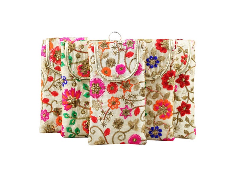 GoldGiftIdeas Embellished Multicolor Mobile Pouch Cover with Sling, Potli Pouches for Return Gifts, Party Favor Gift Bags for Baby Shower, Potli Bags for Women (Set of 10) - Image 1
