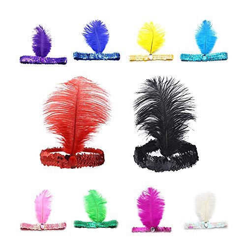 luckygift Sequins Feather Headpiece 1920s Carnival Party Accessory Party Feather Headband 10pcs (Colorful) - Image 1