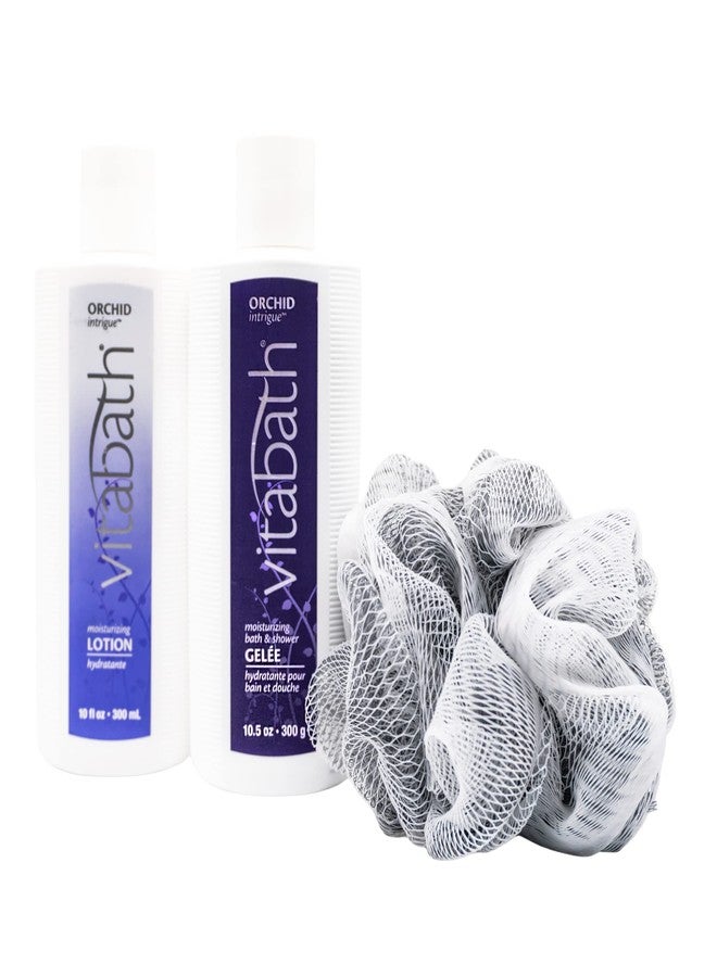 Vitabath Orchid Intrigue Everyday Skincare Set Moisturizing Shower Gel Wash, Reviving Lotion & Exfoliating Body Scrubber Pouf - Alluring Foam Cleanser & Dry Skin Hydration for Women & Men - Image 2