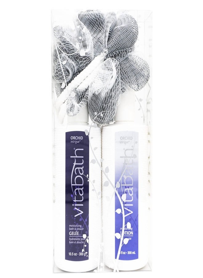 Vitabath Orchid Intrigue Everyday Skincare Set Moisturizing Shower Gel Wash, Reviving Lotion & Exfoliating Body Scrubber Pouf - Alluring Foam Cleanser & Dry Skin Hydration for Women & Men - Image 1