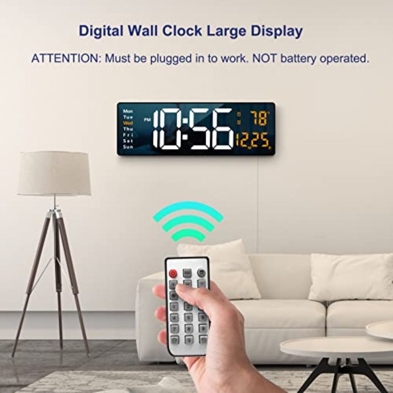 ساعة حائط رقمية بلاستيكية شاشة كبيرة، ساعات حائط كبيرة 16.2 بوصة، ساعة رقمية LED مع جهاز تحكم عن بعد/ساعة كبيرة باهتة السطوع التلقائي مع درجة حرارة أسبوع التاريخ برتقالي - Image 2