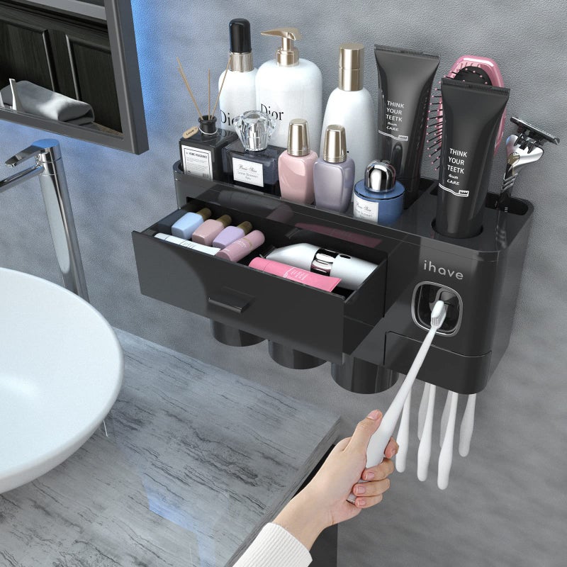 iHave Toothbrush Holders for Bathrooms 3 Cups Toothbrush Holder Wall Mounted with Toothpaste Dispenser Large Capacity Tray Cosmetic Drawer Bathroom Organizer Bathroom Organization and Storage