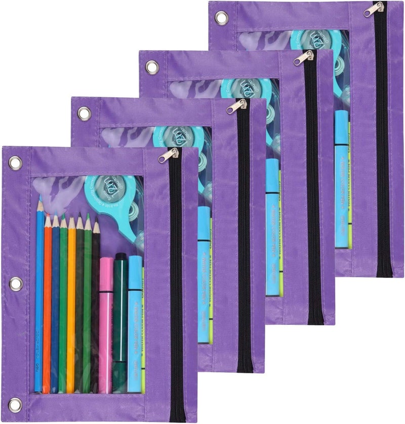 Binder Fabric Pencil Pouch 3-Ring Binder Pencil Case Bag with Zipper 4 Pack (purple)