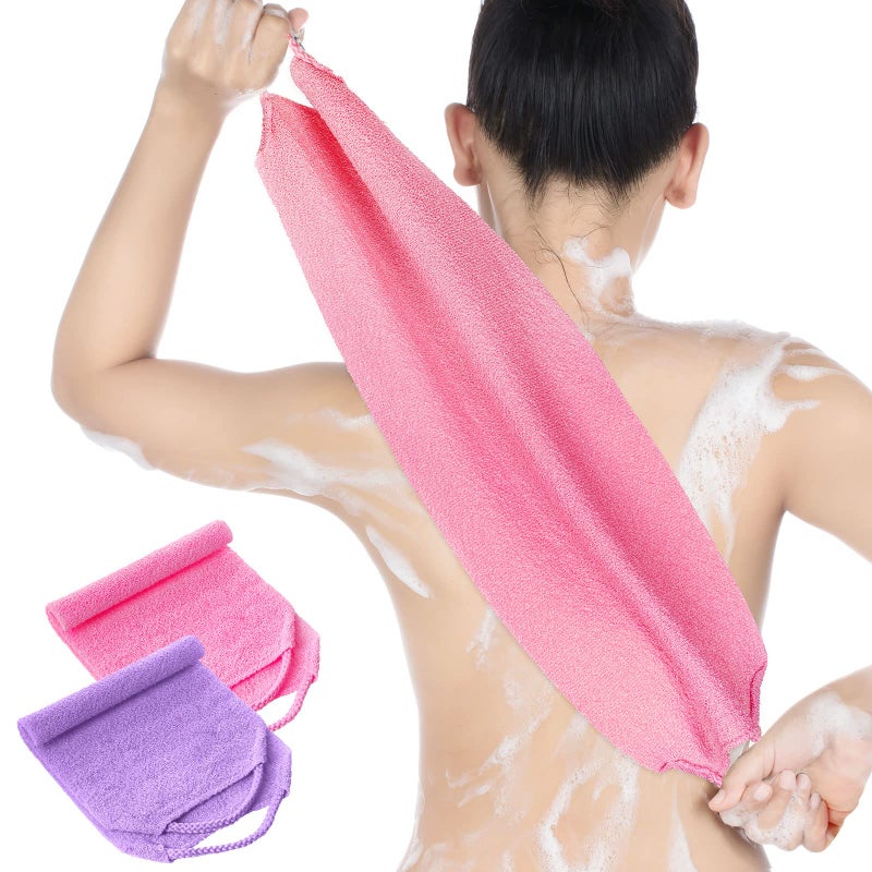 Tatuo Back Scrubber for Shower Exfoliating Washcloth Back Cloth Body Extended Length Scrubber Towel Nylon Exfoliating Stretchable Pull Strap Wash Cloth for Bath Body Scrub Washcloth 2 Pack (Pink,Purple) - Image 1