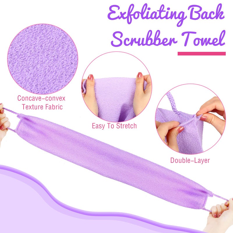 Tatuo Back Scrubber for Shower Exfoliating Washcloth Back Cloth Body Extended Length Scrubber Towel Nylon Exfoliating Stretchable Pull Strap Wash Cloth for Bath Body Scrub Washcloth 2 Pack (Pink,Purple) - Image 3