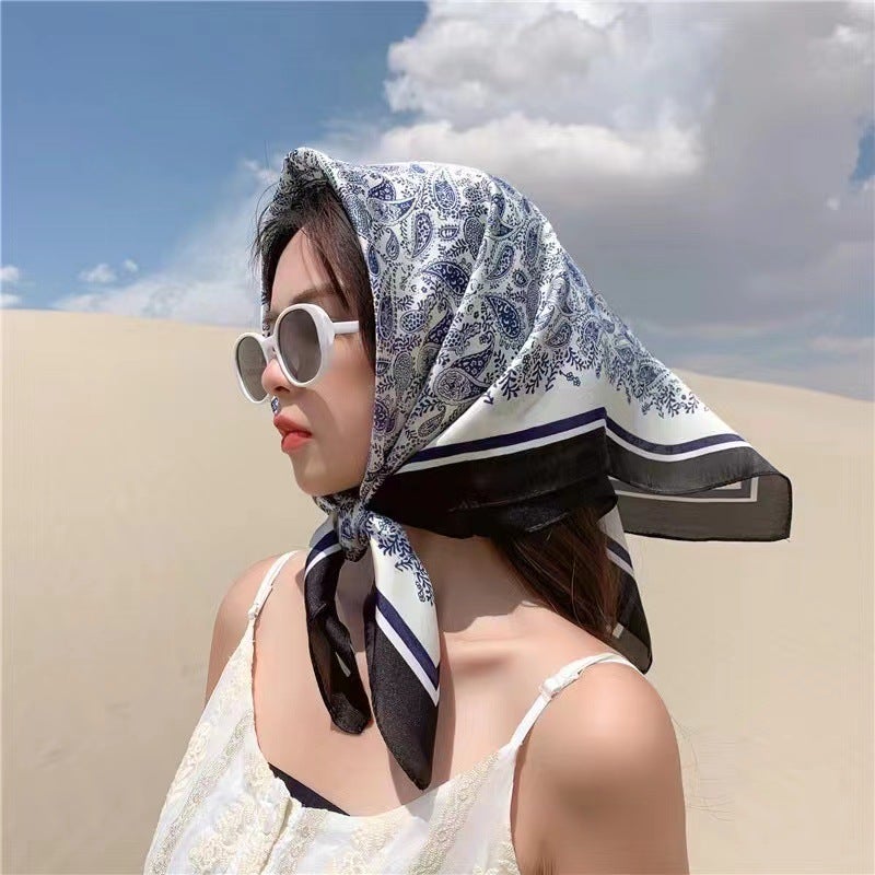 New French Style Retro 70 Square Scarf Womens All-match Summer Sunscreen Silk Scarf Instagram Seaside Beach Shade Shawl Turban Cashew blue and white porcelain