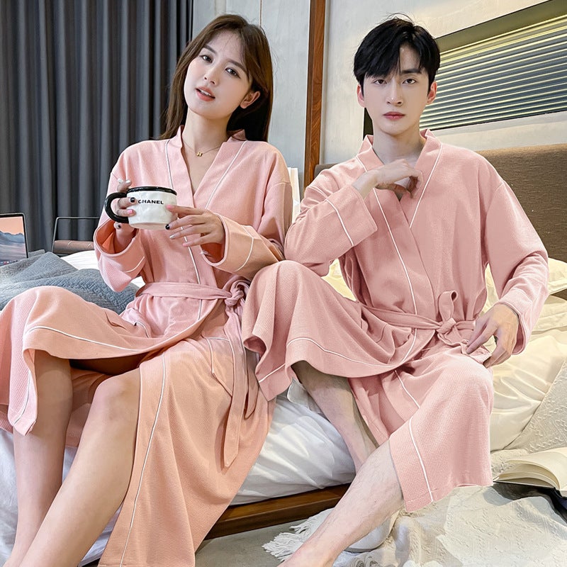 Couple'S Nightgown Bathrobe Waffle V-Neck Cardigan Long Sleeve Pajamas El Japanese Style Mid-Length Home Clothes - Image 4