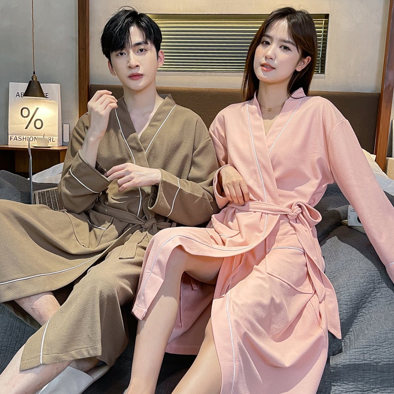 Couple'S Nightgown Bathrobe Waffle V-Neck Cardigan Long Sleeve Pajamas El Japanese Style Mid-Length Home Clothes - Image 2