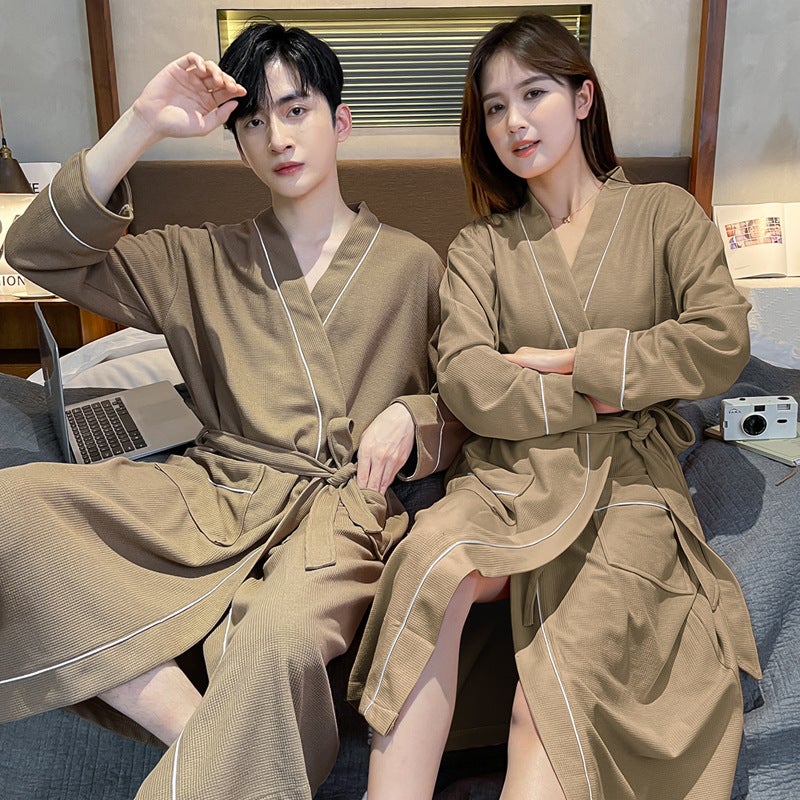 Couple'S Nightgown Bathrobe Waffle V-Neck Cardigan Long Sleeve Pajamas El Japanese Style Mid-Length Home Clothes - Image 3