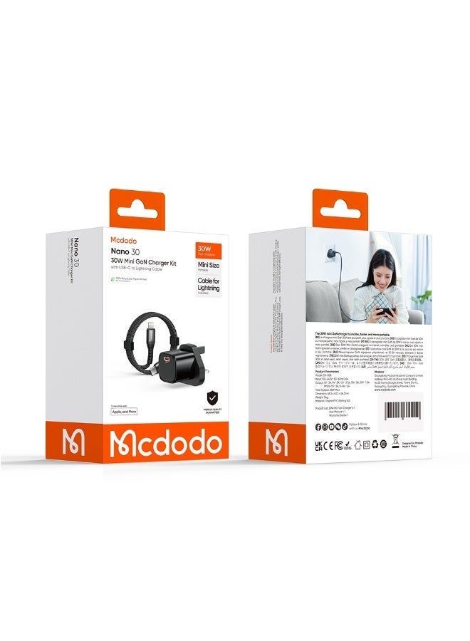 Mcdodo 30W GaN Fast Charger UK Plug with USB-C Port + USB-C to Lightning Cable 1m Compact Power Adapter for iPhone & Devices Black (CH-0585) - Image 2