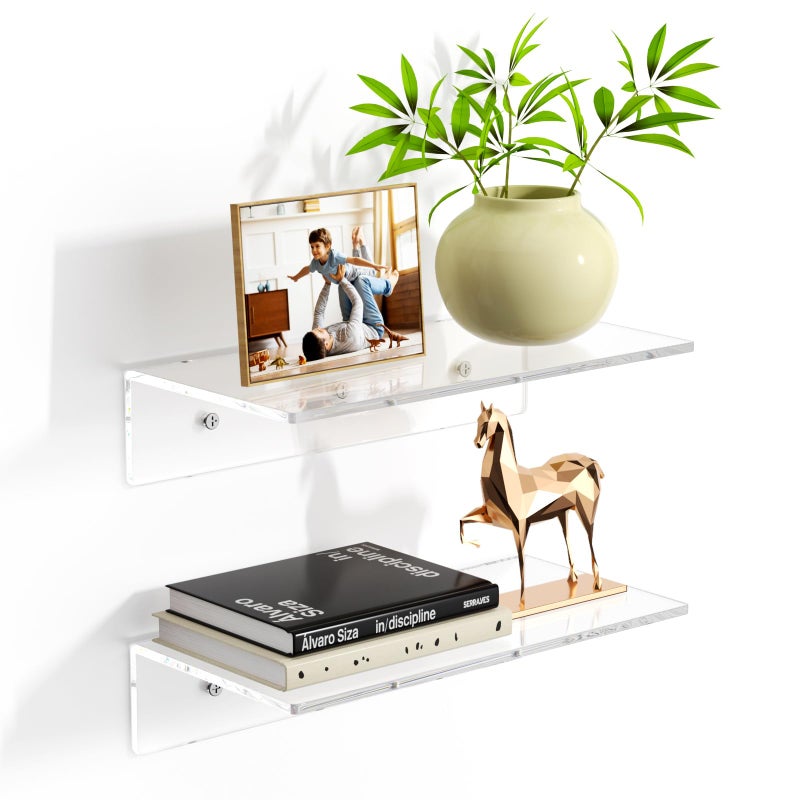 FEMELI 2 PCS 12" Acrylic Floating Shelves, Clear Shelf for Display, Plant, Perfume, Book in Bedroom Living Room Office, 5mm Thick Wall-Mounted Acrylic Shelves for Wall - Image 1