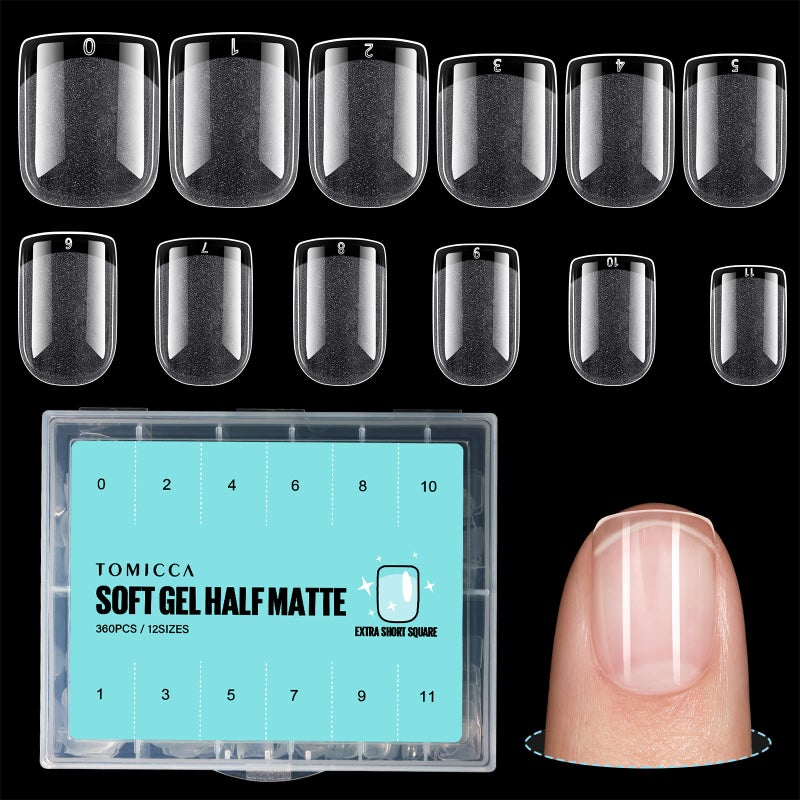 TOMICCA نصائح أظافر مزيفة مربعة قصيرة جدًا من توميكا، نصائح أظافر جيل أكريليك نصف مات، 360 قطعة تغطية كاملة بأحجام مسبقة التشكيل 12 حجم للأشخاص المبتدئين والمحترفين في صالونات الأظافر DIY - Image 1