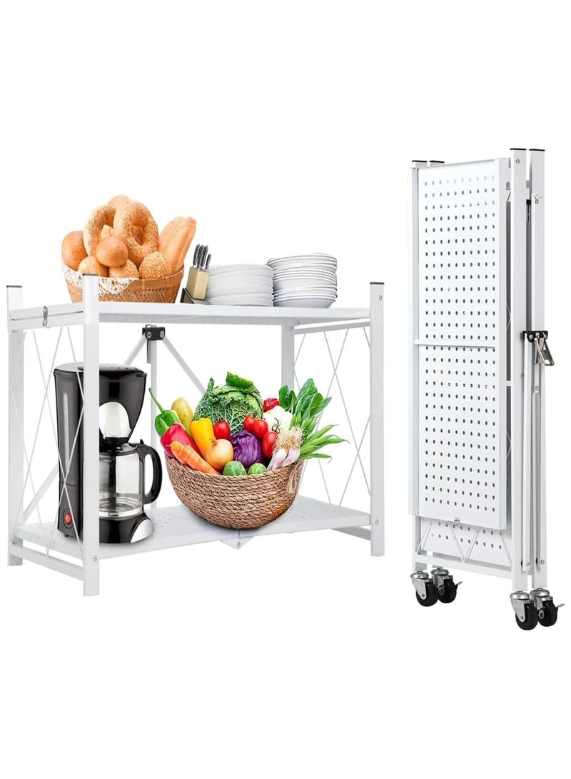 Beauenty 2 Tier Thickened Foldable Storage Rack with Wheels,No Assembly,Large Capacity Shelves,Heavy-Duty Metal Shelving Unit Rolling Cart for Garage, Kitchen, Basement, Pantry(White, 2-Tier) - Image 1