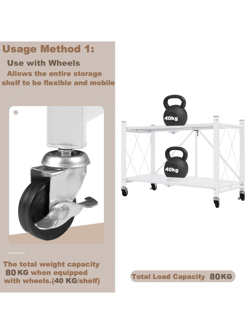 Beauenty 2 Tier Thickened Foldable Storage Rack with Wheels,No Assembly,Large Capacity Shelves,Heavy-Duty Metal Shelving Unit Rolling Cart for Garage, Kitchen, Basement, Pantry(White, 2-Tier) - Image 3