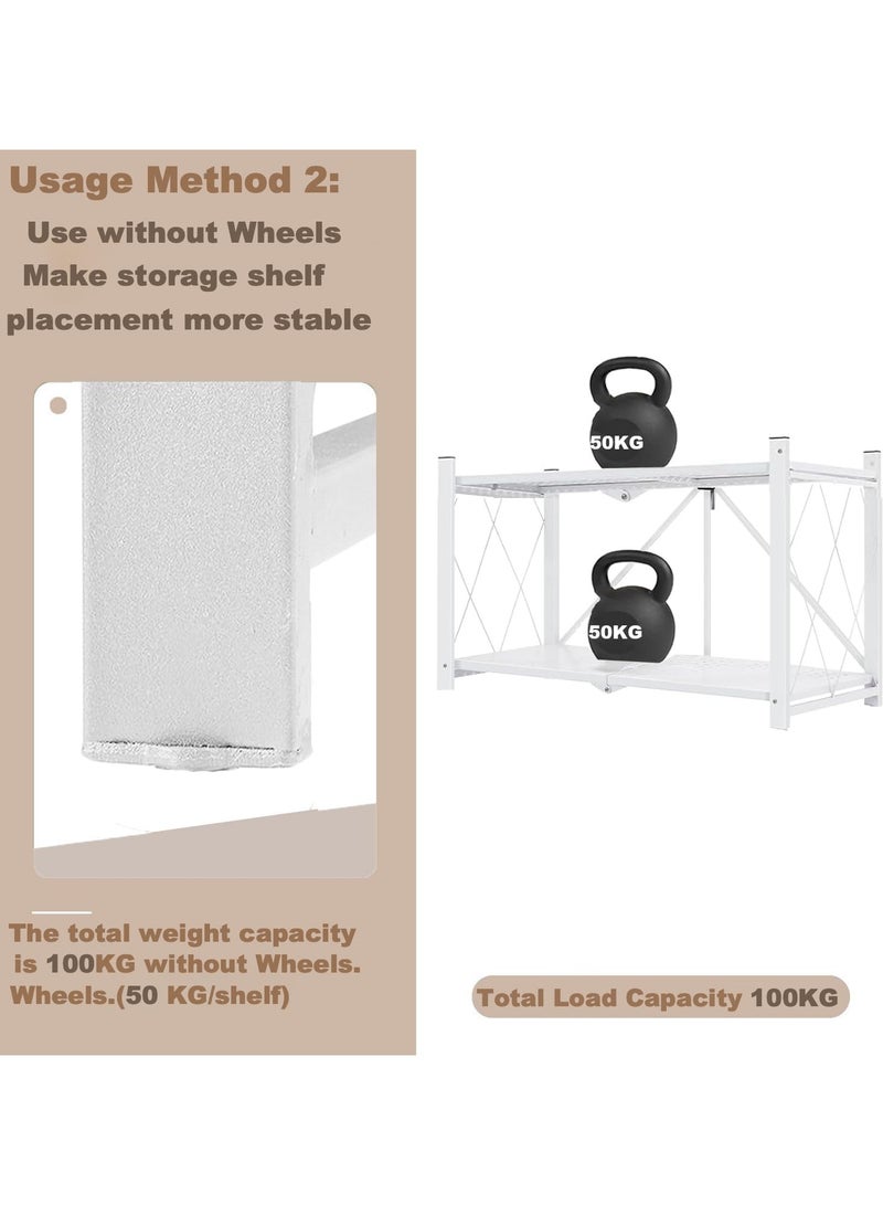 Beauenty 2 Tier Thickened Foldable Storage Rack with Wheels,No Assembly,Large Capacity Shelves,Heavy-Duty Metal Shelving Unit Rolling Cart for Garage, Kitchen, Basement, Pantry(White, 2-Tier) - Image 4
