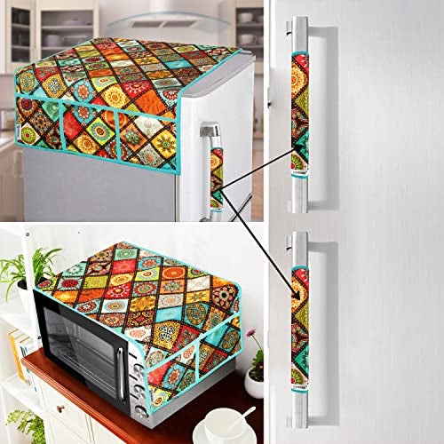 E-Retailer® Exclusive 3-Layered Polyester Combo Set of Appliances Cover (1 Pc. of Fridge Top Cover, 2 Pc Handle Cover and 1 Pc. of Microwave Oven Top Cover) (Color-Multi Ethnic, Set Contains-4 Pcs.) - Image 1