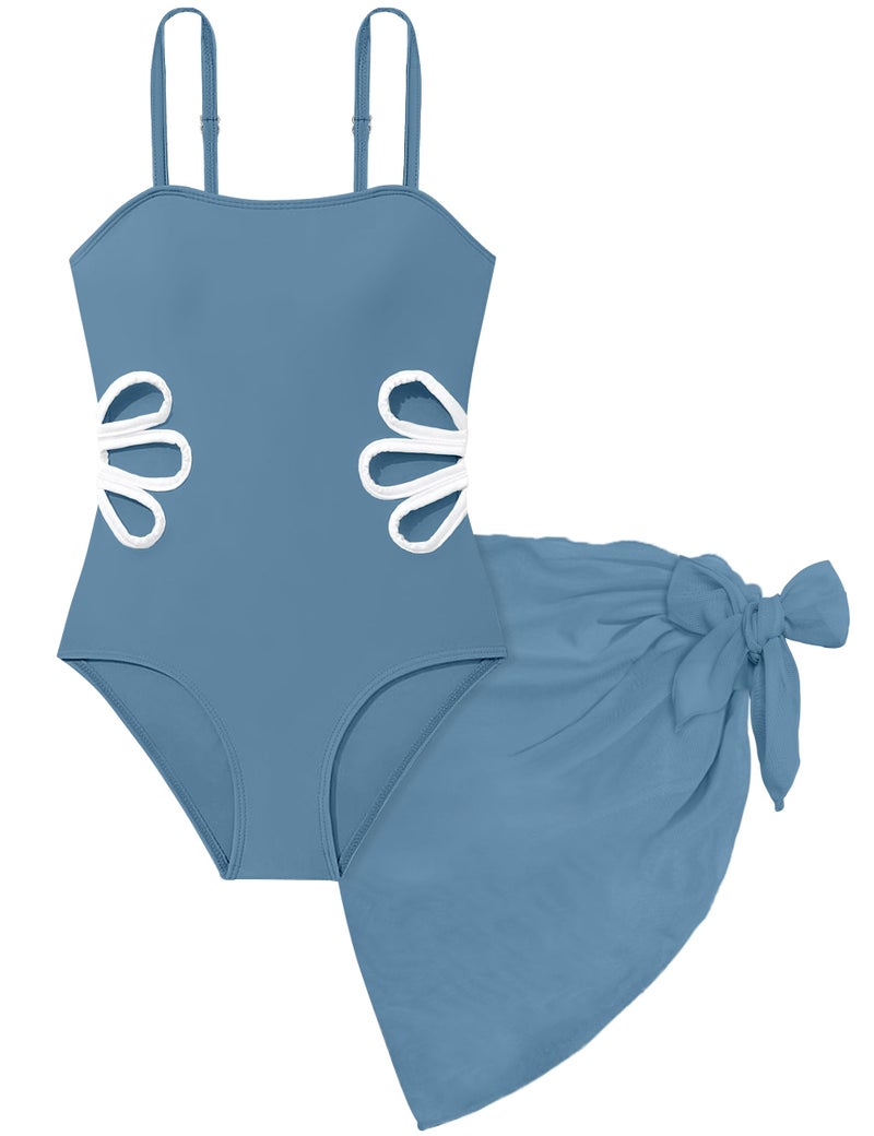 TALLWH Girls Swimsuits Size 10-12, Adjustable Straps Cut Out One Piece Swimsuit with Solid Color Cover Up Skirt Girls Bathing Suits Size 10-12 - Image 1