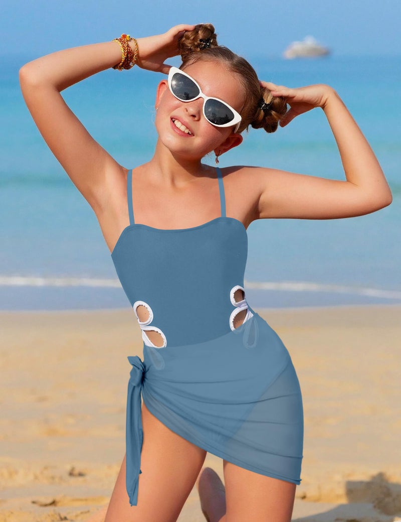 TALLWH Girls Swimsuits Size 10-12, Adjustable Straps Cut Out One Piece Swimsuit with Solid Color Cover Up Skirt Girls Bathing Suits Size 10-12 - Image 3