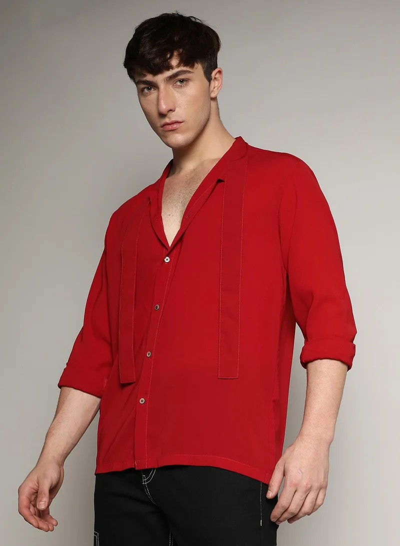 CAHOOT  Men's Crimson Red Slash Collar Shirt For Casual Wear | Spread Collar | Long Sleeve | Button Closure | Shirt Crafted With Comfort Fit For Everyday Wear for Men | Best Price UAE