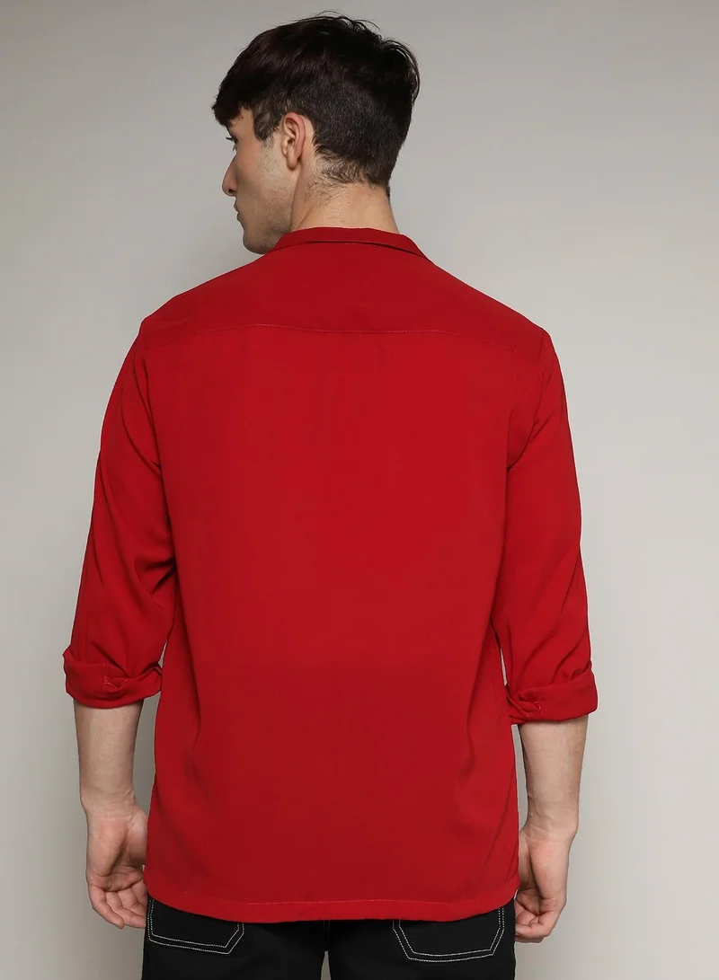 CAHOOT  Men's Crimson Red Slash Collar Shirt For Casual Wear | Spread Collar | Long Sleeve | Button Closure | Shirt Crafted With Comfort Fit For Everyday Wear for Men | Best Price UAE