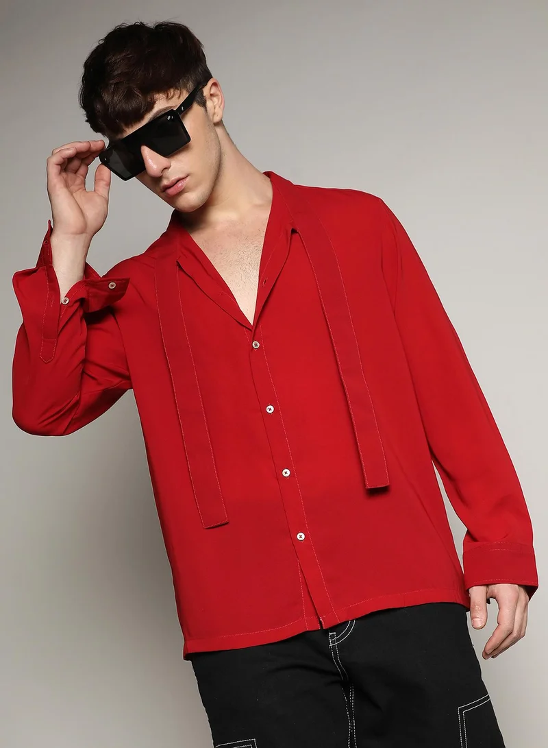 Campus Sutra Men's Crimson Red Slash Collar Shirt For Casual Wear | Spread Collar | Long Sleeve | Button Closure | Shirt Crafted With Comfort Fit For Everyday Wear