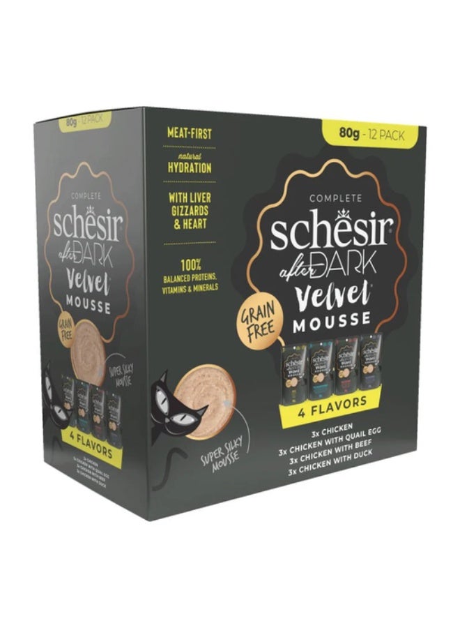 Schesir باقة متنوعة من موس الشوكولاتة المخملية في مرق شيسير بعد الظلام للقطط 960غ (80غ × 12 كيس) - 4 نكهات - Image 1