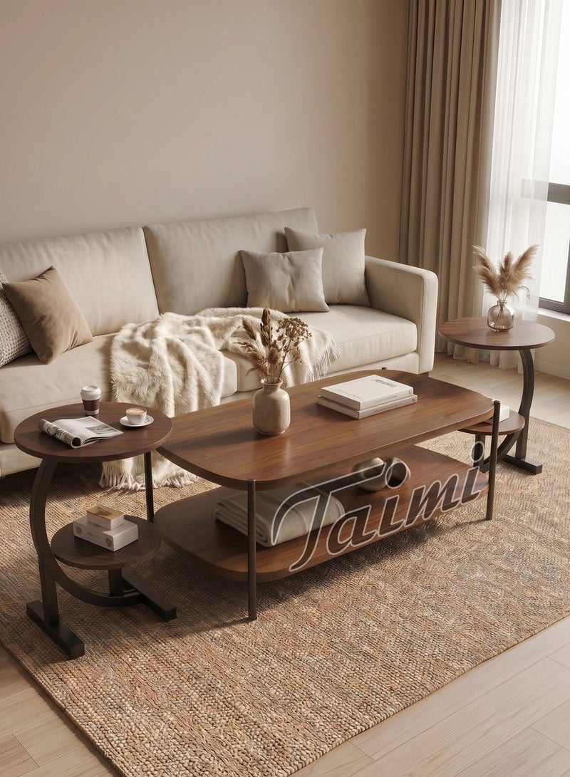 Taimi 3-Piece Living Room Table Set with Wooden Top and Metal Frame - 2-Tier Modern Coffee Table 120×60×51cm and 2 C-Shaped 2-Tier Side Tables 60×40cm - Brown - Image 2