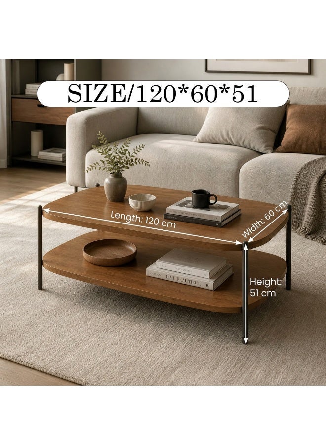 Taimi 3-Piece Living Room Table Set with Wooden Top and Metal Frame - 2-Tier Modern Coffee Table 120×60×51cm and 2 C-Shaped 2-Tier Side Tables 60×40cm - Brown - Image 5