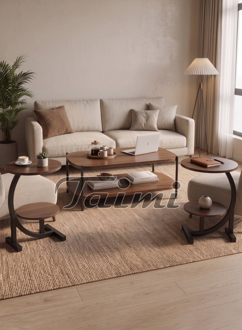 Taimi 3-Piece Living Room Table Set with Wooden Top and Metal Frame - 2-Tier Modern Coffee Table 120×60×51cm and 2 C-Shaped 2-Tier Side Tables 60×40cm - Brown - Image 1