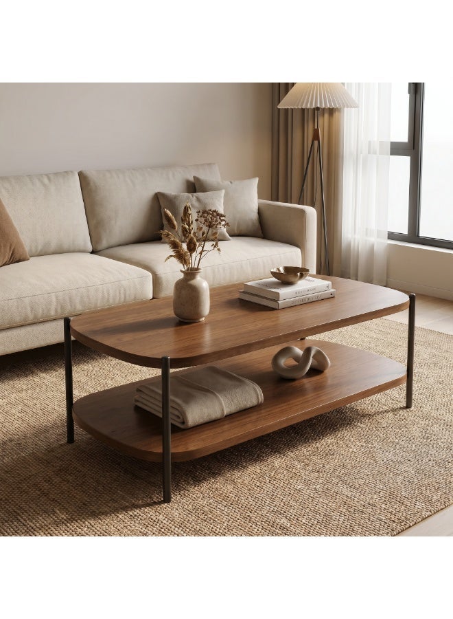 Taimi 3-Piece Living Room Table Set with Wooden Top and Metal Frame - 2-Tier Modern Coffee Table 120×60×51cm and 2 C-Shaped 2-Tier Side Tables 60×40cm - Brown - Image 4
