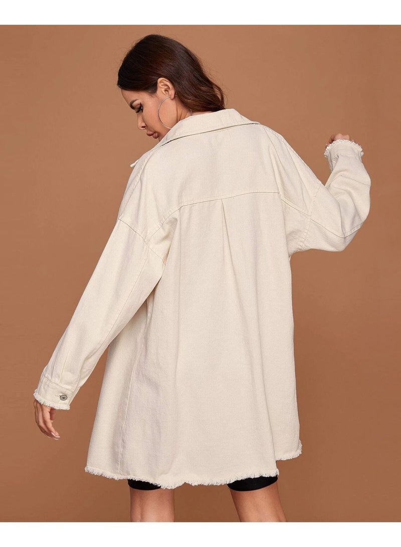 Loquat Medium length denim shirt for women White - Image 4
